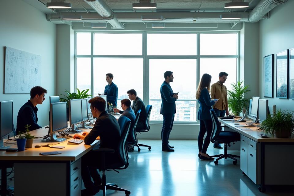 Lumen Fit team collaborating in a modern, well-lit office, embodying innovation and teamwork.
