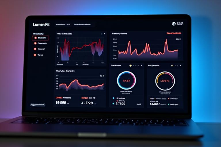 Lumen Fit software dashboard with sample data visualizations for heart rate and VO2 max